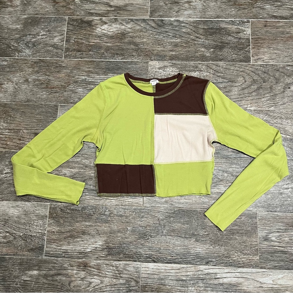 Colorblock Cropped Long Sleeve Top - Lime Green & Brown